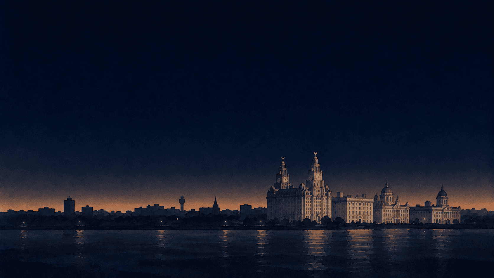 A painting of Liverpool at dusk